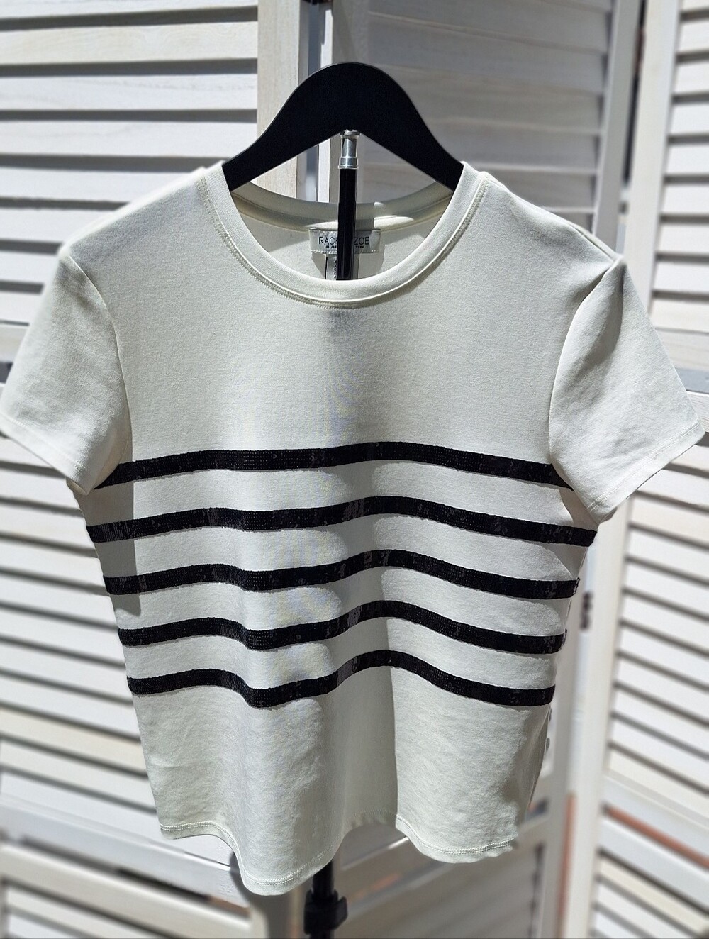 Rachel Zoe White Tee with Black Striped Sequin Bands